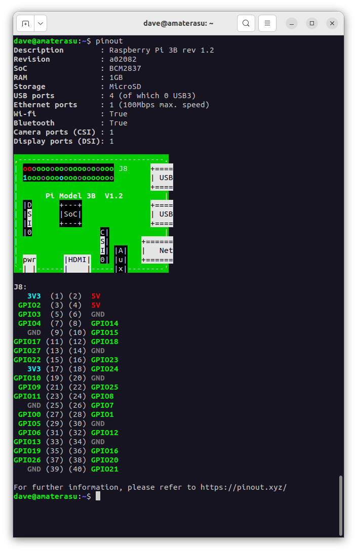 A screenshot of the output from pinout. In a terminal window, a description of the board is shown at the top, followed by a colorful ASCII art rendition of the board, and finally a color-matched list of pins on the GPIO header.